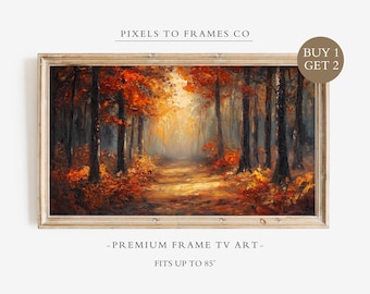 Pode incluir: Um display de arte digital retangular para televisão com uma pintura a óleo de um caminho florestal de outono com folhagem laranja e vermelha, troncos escuros e uma luz brilhante. Texto: PIXELS TO FRAMES CO e FITS UP TO 85".