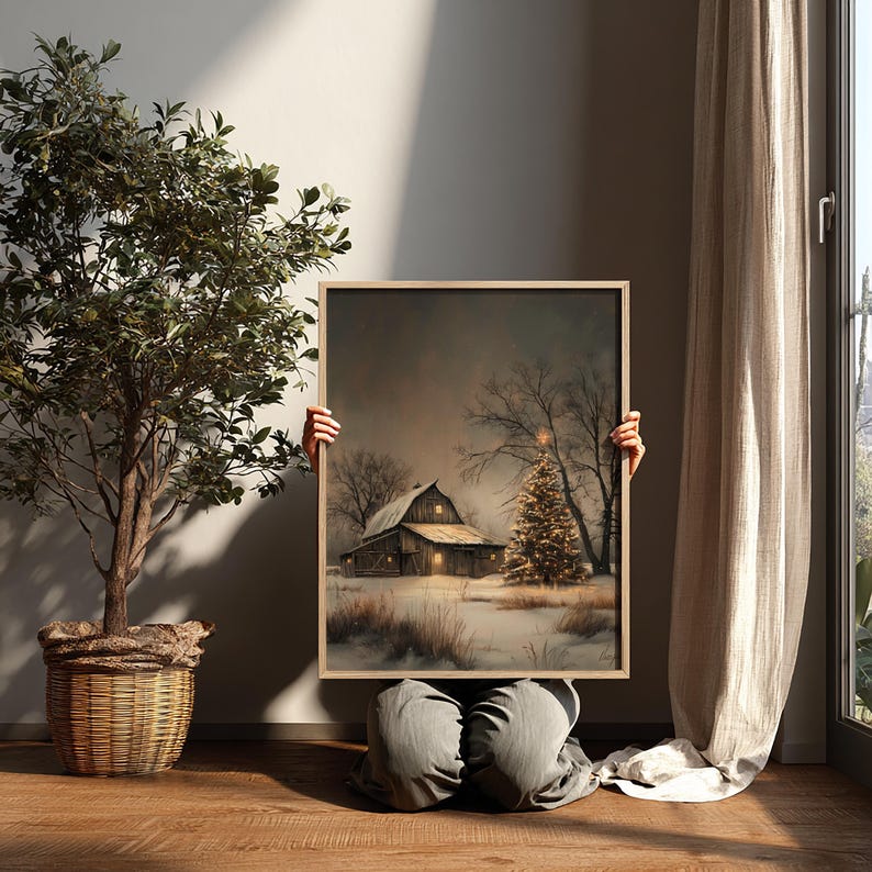 Rustic Christmas Barn Wall Art, Printable Winter Farmhouse Scene ...
