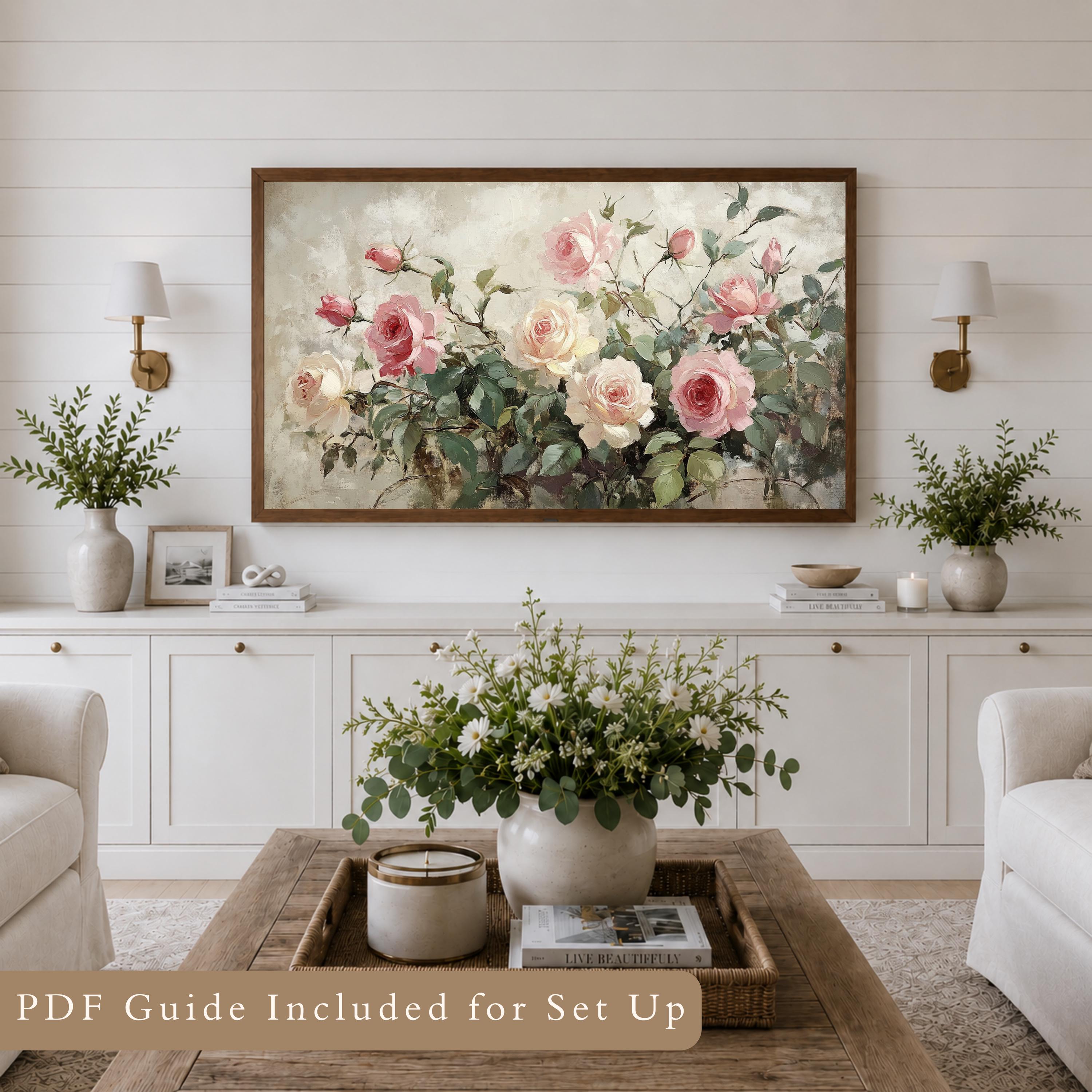 Spring Frame TV Art Vintage Roses, Soft Pink Floral Garden
