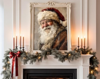 art mural vintage portrait du père Noël, affiche du père Noël dessin neutre, décoration de vacances chalet, impression d'art imprimable vacances de Noël, impression antique