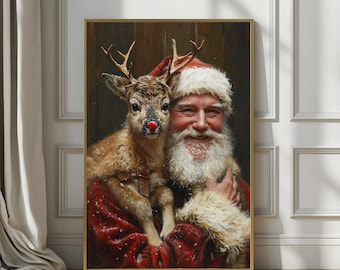 Utskrivbar väggkonst med julmotiv, vintage julkonst med jultomten och Rudolf, mysig jultomtekonst, rustik juldekoration i lantlig stil