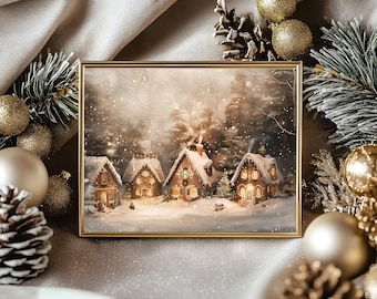 Gingerbread and Christmas Village Printable Wall Art, Cozy Holiday Winter Wonderland Painting, Tis The Season Vintage Oil Painting