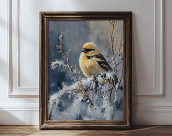 Arte mural imprimible con pájaros cantores de invierno melancólicos, ilustración de pájaro neutro, pintura de naturaleza invernal apacible, decoración de pared con pájaros estilo cottagecore
