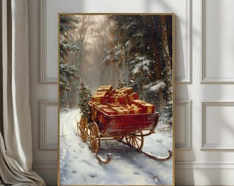 Arte de pared imprimible de trineo navideño vintage, decoración rústica navideña, impresión navideña neutra de estilo rústico, descarga digital