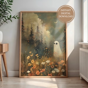 Ghost in Enchanted Forest Meadow Art Print, Whimsical Halloween Decor, Charming and Spooky Wall Art for Fall Season