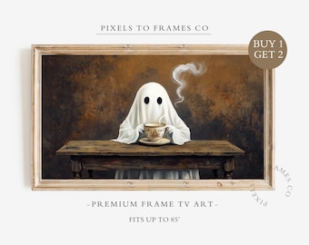 FRAME TV-konst Söt spöke med kaffe, Halloween Samsung Frame TV-konst, Spöklik och nyckfull Halloweendekoration (digital nedladdning)