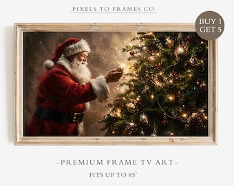Santa Christmas Tree Frame Tv Art, Dark Vintage Holiday Santa Claus Painting Screensaver Digital Download, Farmhouse Christmas Decor