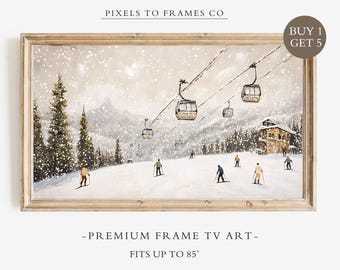 Winter Frame TV Art Gondolas on Ski Slopes, Winter Alpine Mountain Landscape, Cozy Cabin Screensaver, Apres Ski Painting, Ski Resort Décor