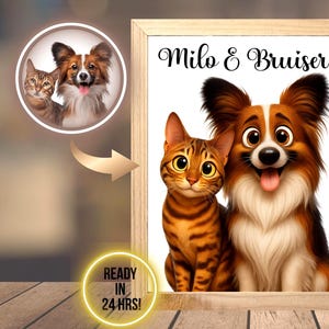 Portrait personnalisé d'animal de compagnie de style Disney, dessin de chien ou de chat de bande dessinée, cadeau pour amoureux des animaux de compagnie, illustration d'animal de compagnie mignon, art pour animaux de compagnie de Style Pixar