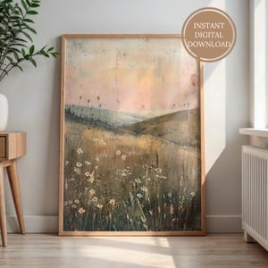 Rustic Wildflower Meadow Wall Art Print, Vintage PRINTABLE Wall Art, Moody Wildflower Painting, Moody Red Autumn Landscape, Fall Home Decor