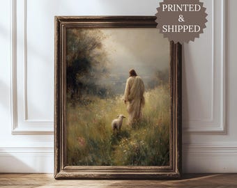 Jesus Leaves The 99, Christian Good Shepherd Artwork, Lost Sheep Parable, Boho Christian Landscape wall art, Bible verse, Printed & Shipped