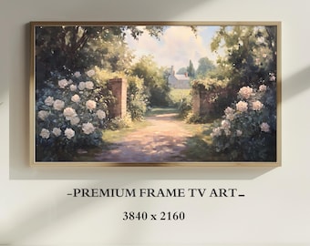 Vårbild på TV, skärmsläckare för vintage engelsk sommarträdgård med TV, oljemålning med sommarrosor i stugan, väggdekoration i lantlig stil