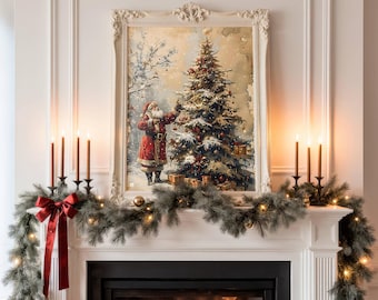 Vintage impression d'art mural père Noël, père Noël neutre & dessin d'arbre, affiche de vacances forêt d'hiver, décoration murale antique de vacances