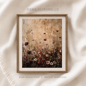 Può includere: Una stampa artistica da parete rettangolare incorniciata che presenta una raffigurazione pittorica di fiori selvatici in tonalità di rosa tenue, bordeaux intenso e crema su uno sfondo beige strutturato. Il testo PIXELS TO FRAMES CO, HIGH-RESOLUTION e INSTANT DOWNLOAD è visibile.