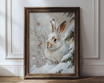 Hare in Winter Painting, Vintage Style Rabbit Printable Wall Art, Rustic Snowy Landscape Artwork, Neutral CottageCore Winter Decoration