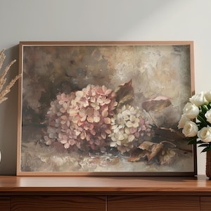 Rustic Fall Hydrangea Flower Oil Painting Print, Vintage Autumn Floral Printable Wall Art, Cozy Warm Farmhouse Decor, Moody Digital Download