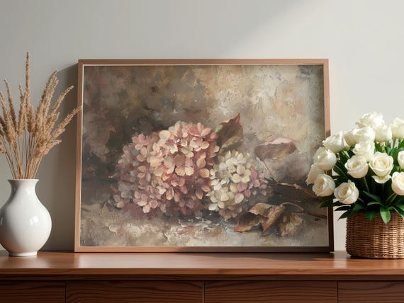 Rustic Fall Hydrangea Flower Oil Painting Print, Vintage Autumn Floral Printable Wall Art, Cozy Warm Farmhouse Decor, Moody Digital Download
