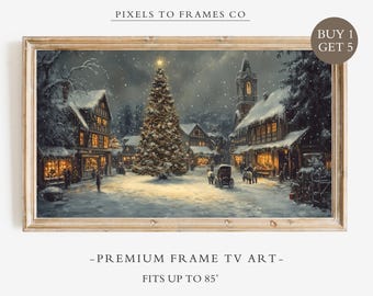 Vintage Snowy Village Frame TV Art, Christmas Landscape Painting, Festive Cottagecore TV Decor, Winter Holiday Wall Decor, Digital Download