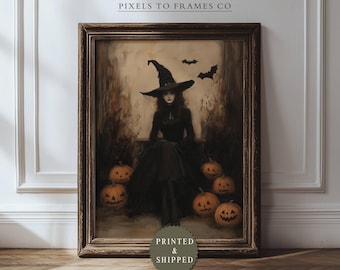 Vintage Witch UNFRAMED Wall Art Print, Gothic Halloween Portrait, Jack O Lantern Painting, Dark Academia Spooky Décor, PRINTED & SHIPPED