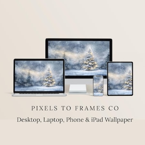 Könnte beinhalten: Ein Winterlandschaftshintergrund, der auf einem Laptop, Desktop-Computer, Tablet und Smartphone angezeigt wird. Der Hintergrund zeigt eine schneebedeckte Szene mit einem beleuchteten Weihnachtsbaum. Der Text "PIXELS TO FRAMES CO" und "Desktop, Laptop, Phone & iPad Wallpaper" sind sichtbar.