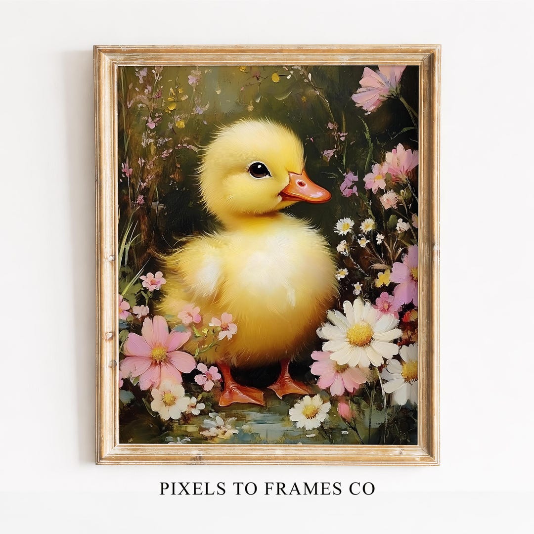 Spring Portrait Ducklings Spring Duck in Wildflowers Printable Wall Art, Easter Duckling Portrait ...
