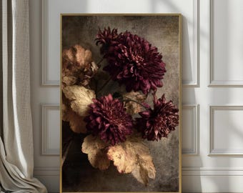 Moody Vintage Flowers Printable Wall Art, Dark Rustic Wildflowers Painting, Burgundy Floral Botanical Abstract Poster, Maroon Scenery Decor