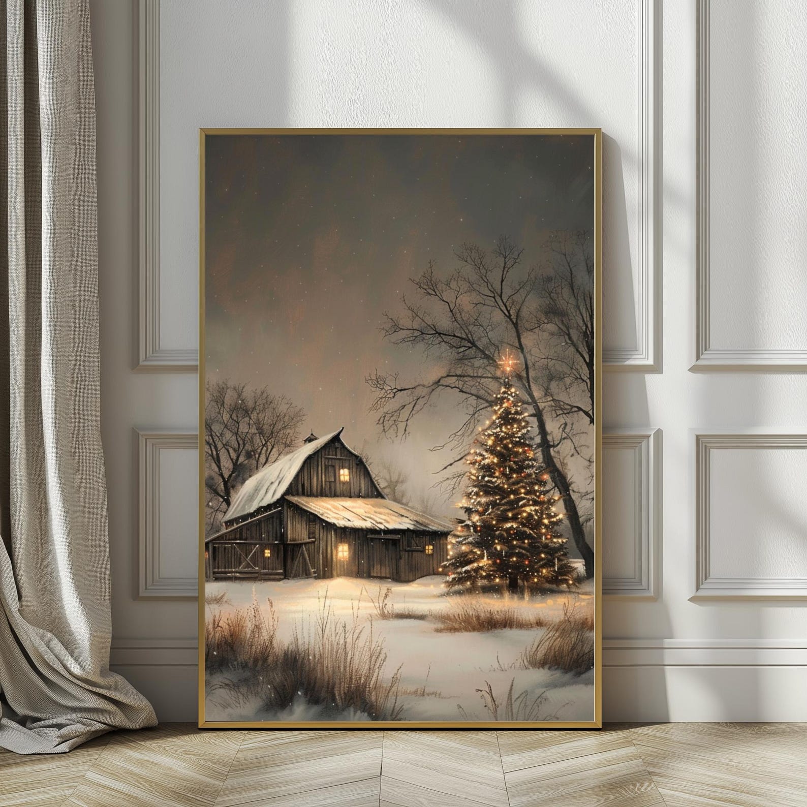 Rustic Christmas Barn Wall Art, Winter Farmhouse Scene, Vintage Snowy ...