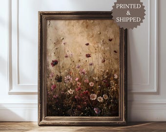 Cuadro de flores vintage con un toque melancólico, cuadro de flores silvestres rústicas oscuras, póster abstracto floral botánico burdeos, impreso y enviado.