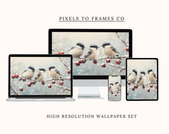 Peut inclure: Un ensemble de fonds d'écran numériques affiché sur un écran d'ordinateur, un ordinateur portable, une tablette et un smartphone. Les écrans présentent une scène hivernale avec des oiseaux sur des branches enneigées et des baies rouges. Texte : PIXELS TO FRAMES CO et HIGH RESOLUTION WALLPAPER SET.