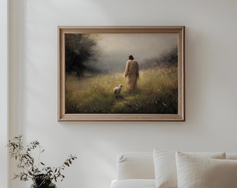 Jesus Leaves The 99, Christian Good Shepherd Artwork, Lost Sheep Parable, Boho Christian Landscape wall art, Bible verse, Digital Download