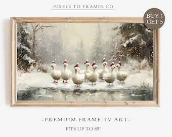 Christmas Geese Frame TV Art, Winter Goose in Santa Hats TV Screensaver, Festive Farmhouse Xmas Décor, Holiday Home Decor, Digital Download