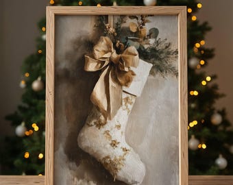 Cuadro de calcetín navideño, arte mural navideño rústico para imprimir, decoración navideña dorada de estilo vintage, arte festivo de calcetín victoriano