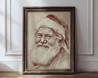 Portret Świętego Mikołaja w stylu vintage, klasyczna sztuka ścienna z motywem bożonarodzeniowym, neutralny zimowy nadruk, plakat z Mikołajem, beżowa dekoracja świąteczna, świąteczne pobieranie cyfrowe