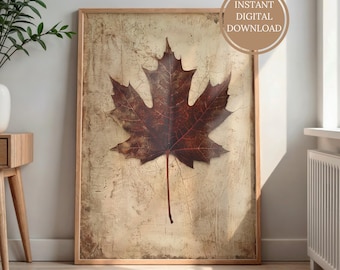 Impresión botánica vintage de otoño, arte de pared con follaje imprimible de hojas de arce otoñal, impresión rústica de otoño, arte cottagecore otoñal neutro