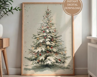 Vintage kerstboom winterkunst, kunst aan de muur kerstcadeau, primitief vakantiedecor, vintage wintermuurkunstdecor, antieke groenblijvende poster