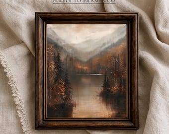 Vintage Moody Fall Lake Landscape - Printable Moody Fall Wall Art, Rustic Farmhouse Decor, Cozy Kitchen Thanksgiving Print, Digital Download
