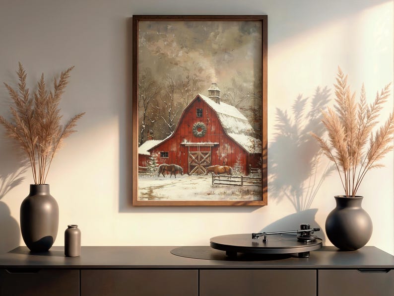 Christmas Red Barn in Snow Wall Art, Rustic Xmas Farmhouse Print, Snowy ...