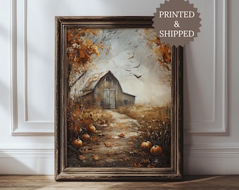 Rustic Farmhouse Pumpkin Barn Wall Art, Autumn Pumpkin Field Country Print, Vintage Harvest Landscape Painting, Country Home Decor UNFRAMED