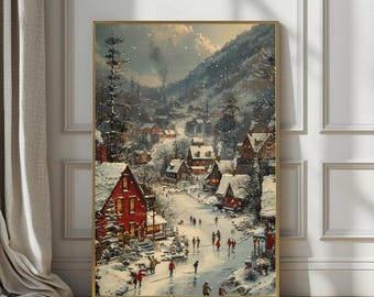 Art mural imprimable Noël village d'hiver, scène de patinage sur glace vintage, décoration de Noël ferme rustique, paysage enneigé en téléchargement numérique