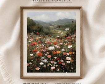 Impressionistisk vildblommor fält bergslandskapsmålning, färgglatt vårtryck, naturskön naturdekor utskrivbar väggkonst, digital nedladdning