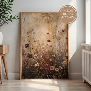 Moody Vintage Flowers Painting, Printable Wall Art, Dark Rustic Wildflowers Painting, Burgundy Floral Botanical Abstract Poster