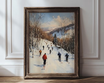 Impresión de pistas de esquí invernales, esquiadores en senderos nevados, póster retro de esquí, arte mural deportivo imprimible de estilo vintage neutro.