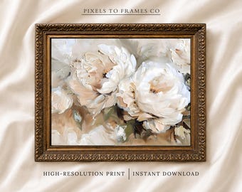 Arte de parede imprimível com peônias, estampa floral impressionista vintage, obra de arte com flores brancas e bege antigas, presente para a mãe, download digital.