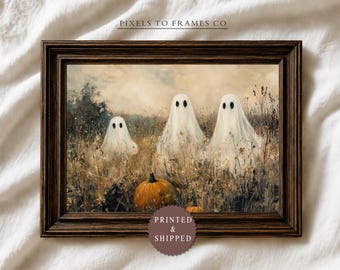 Cute Ghosts Wildflower UNFRAMED Wall Art Print, Whimsical Halloween Pumpkin Painting, Vintage Cottagecore Fall Decor, PRINTED & SHIPPED