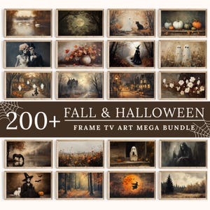 Könnte beinhalten: Eine digitale Sammlung von über 200 Kunstwerken im Querformat für Fernsehbildschirme mit Herbst- und Halloween-Motiven wie Skeletten, Geistern, Hexen, Kürbissen, herbstlichen Wäldern und Spukhäusern, inklusive des Textes 200+ FALL & HALLOWEEN FRAME TV ART MEGA BUNDLE.