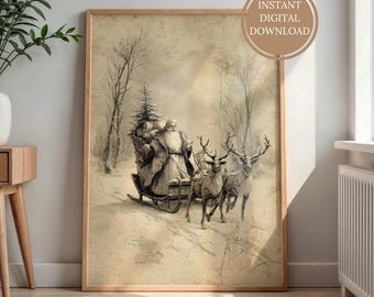 PRINTABLE Christmas Wall Art, Vintage Santa with Reindeer Sleigh - Rustic Christmas Wall Art, Christmas Holiday Wall Art, Digital Download
