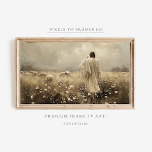 Könnte beinhalten: Ein rechteckiges gerahmtes digitales Kunstwerk mit dem Titel PIXELS TO FRAMES CO, das eine sepiafarbene Landschaft mit einer in Roben gekleideten Figur zeigt, die ein Lamm durch ein Feld mit Blumen und Schafen trägt. Der Text lautet PREMIUM FRAME TV ART FITS UP TO 85 INCHES.