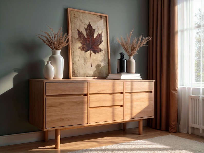May include: A light-colored wooden sideboard with three drawers and two doors. The sideboard is topped with a framed leaf print, vases, and books. The room has a neutral color palette with a window and curtains.
