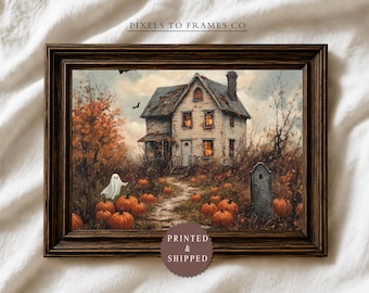 Haunted House UNFRAMED Wall Art Print, Ghost and Pumpkin Halloween Painting, Vintage Spooky Cottage Decor, Gothic Fall, PRINTED & SHIPPED
