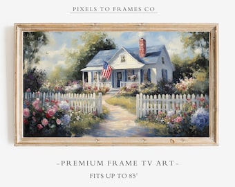 Patriotic Cottage Frame TV Art, Summer Farmhouse TV Screensaver, Digital Download, Americana Garden Samsung TV Decor, Spring Floral Decor